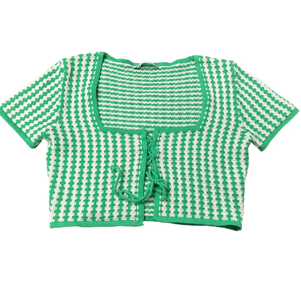Zara Knit Crop Top Crochet Womens Size L Striped Tie Front Bloggers Boho